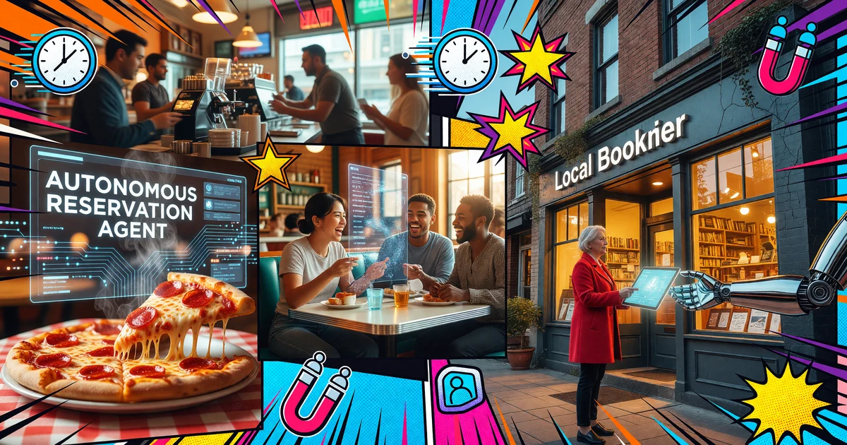 Restaurant owner using AI marketing dashboard showing autonomous agents managing local business operations including reservations, reviews, and customer outreach