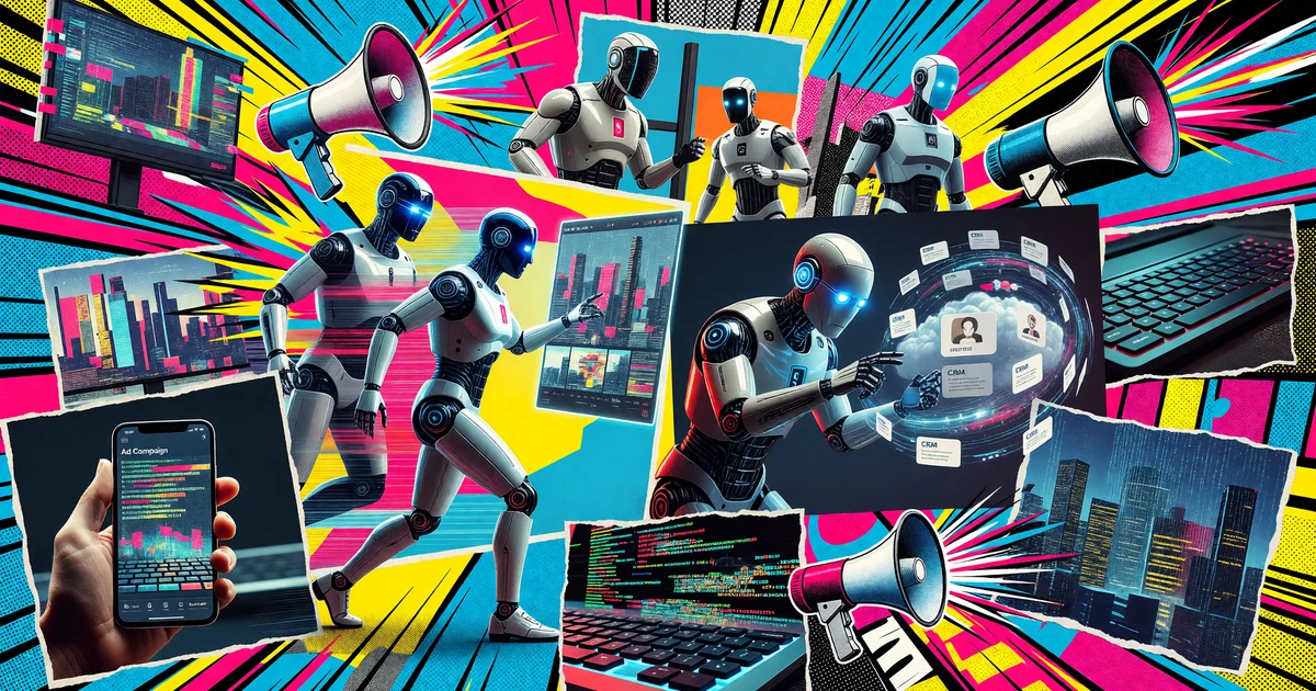 Digital marketing advertising companies workspace showing autonomous AI agents managing multiple marketing campaigns and data streams across interconnected screens