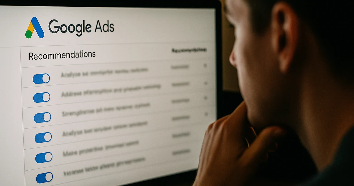 Media buyer reviewing Google Ads auto-apply recommendation settings and campaign targets