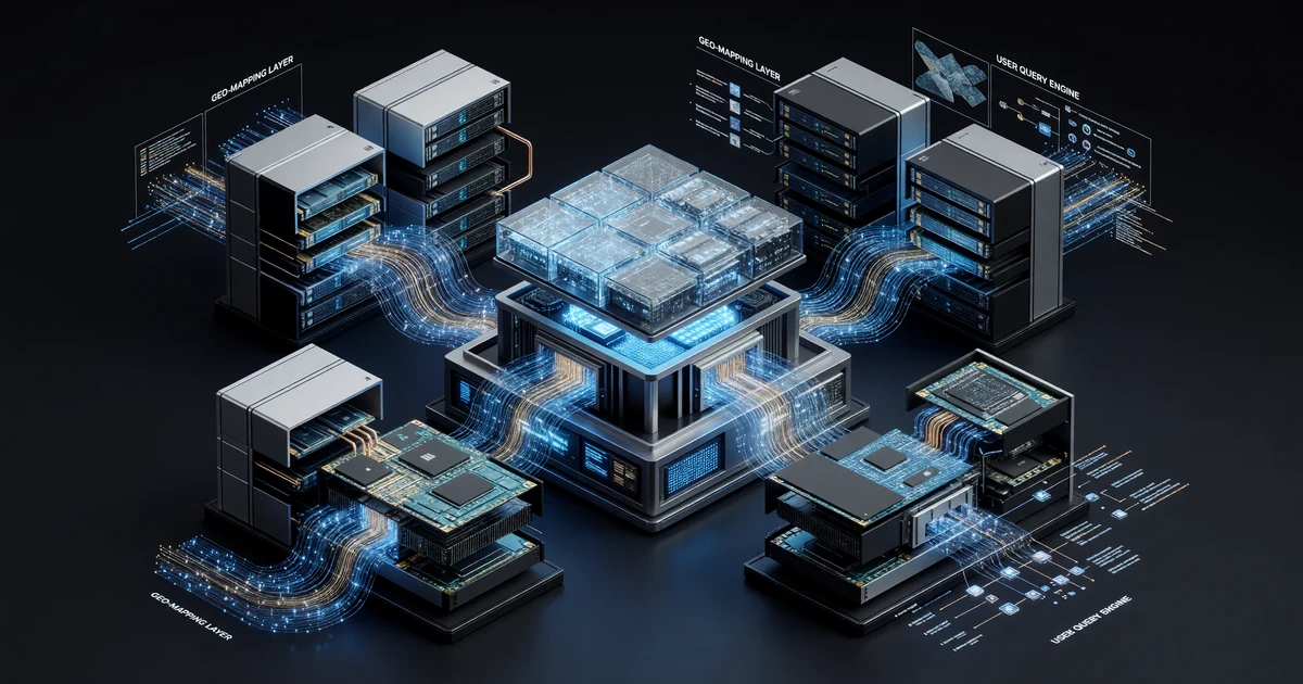 Screenshot showing GEO optimization scores for a directory website with 977 cities across 51 states, demonstrating AI search engine optimization