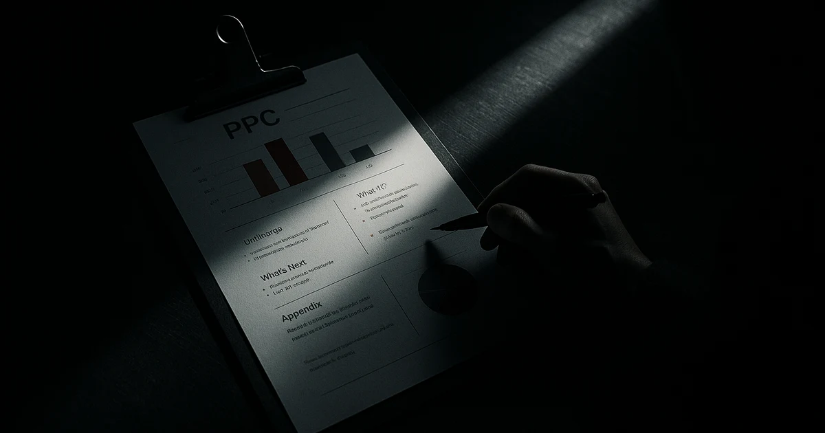 A one-page monthly PPC report laid out in five blocks, with the headline number against target at the top and an appendix below