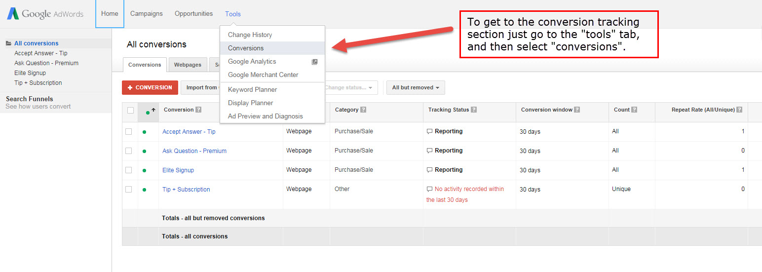 Conversion Tracking Screenshot