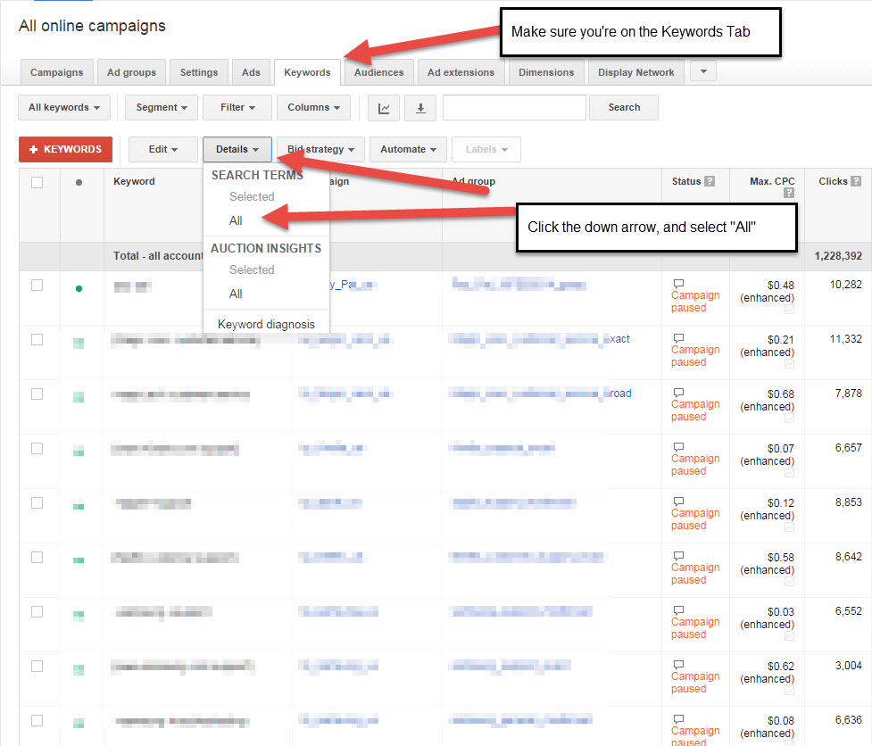 AdWords - Search Terms Screenshot
