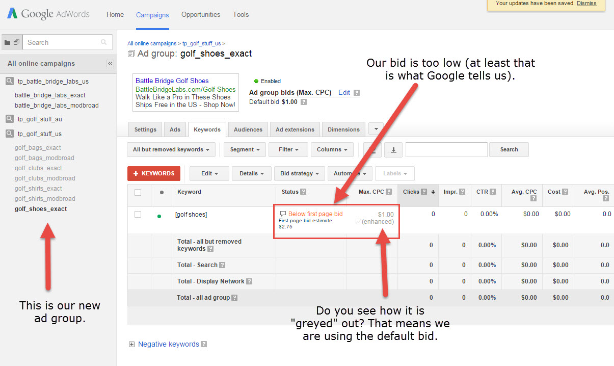 Ad Group Saved with Bid Info