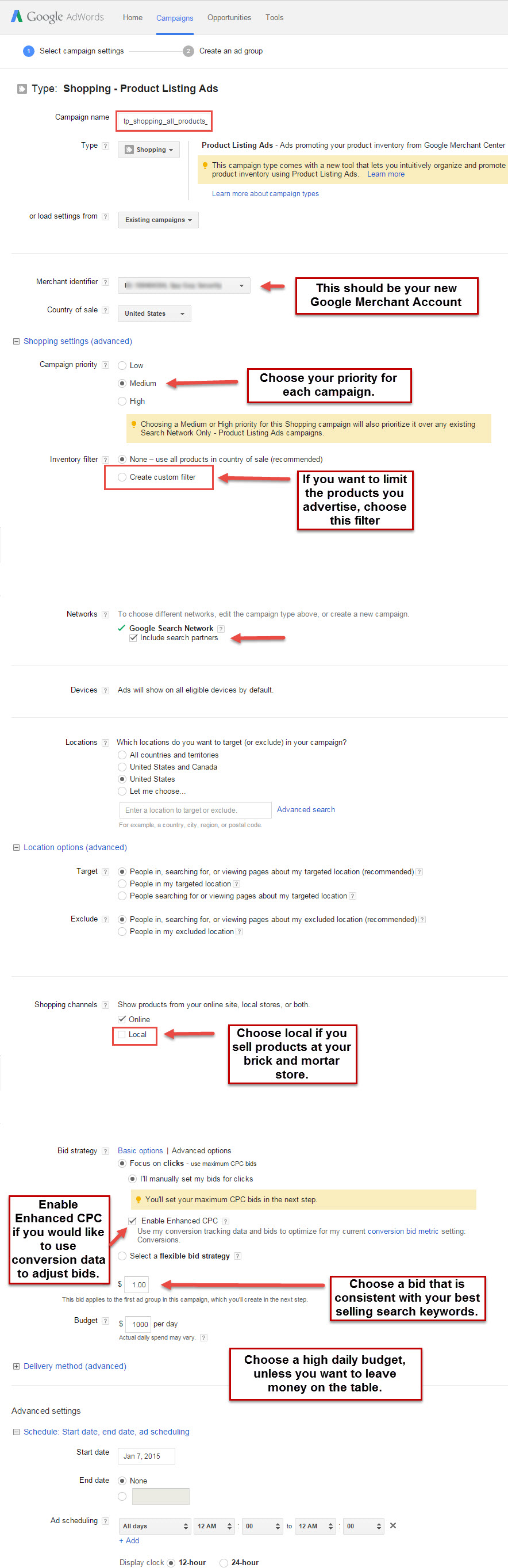Google Shopping Campaign Settings