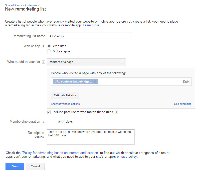 Remarketing List Creation